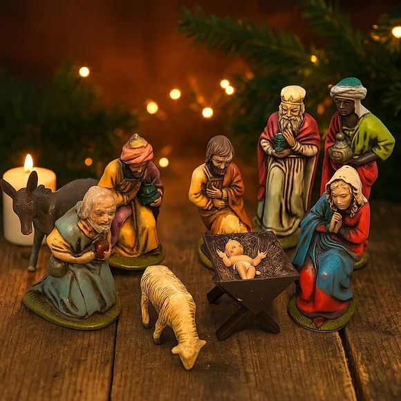Vtg Nativity Set 9 Figurines Germany Christmas Jesus Mary Joseph Wise Men Lamb - Picture 1 of 9
